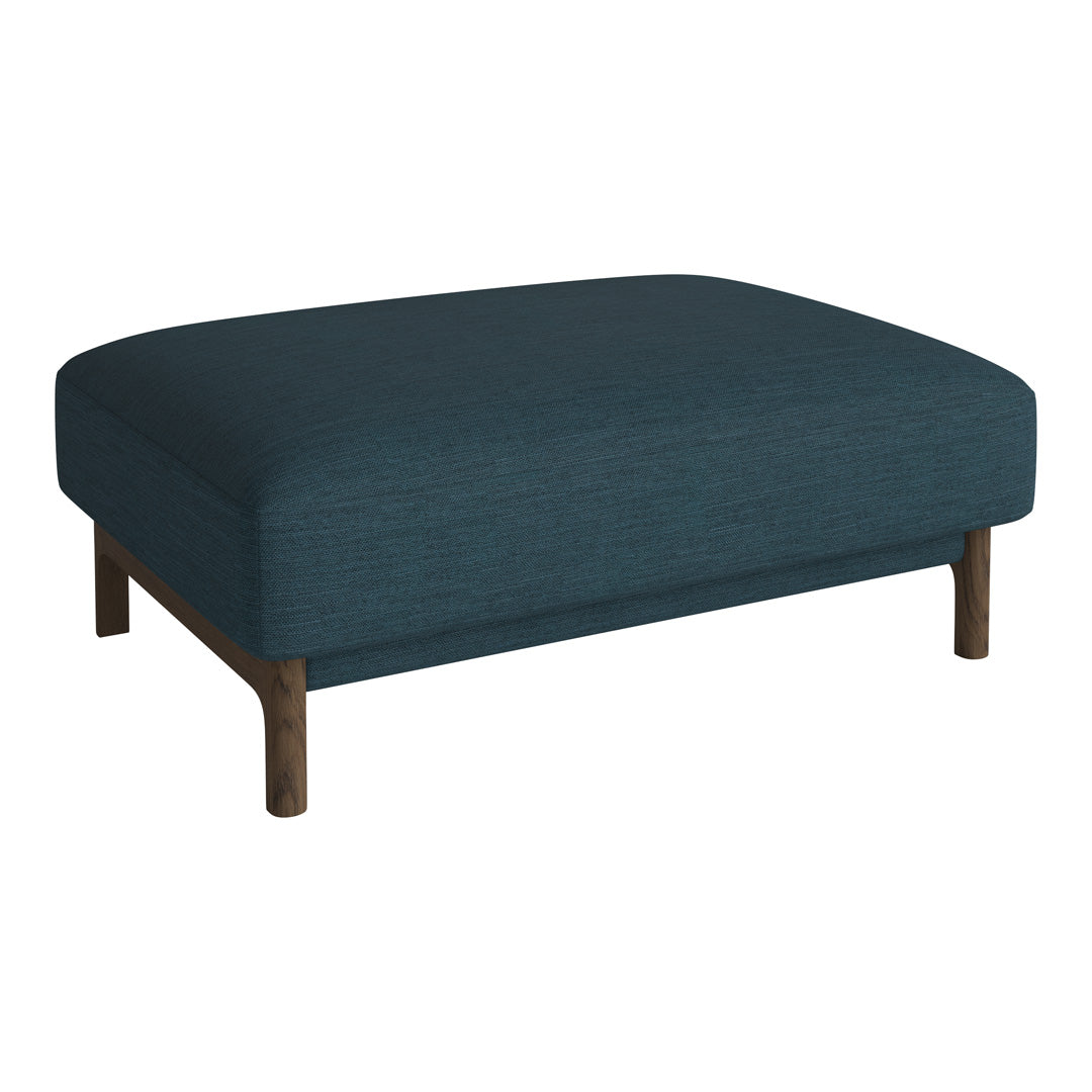 Teal upholstered ottoman with a modern design and sturdy wooden legs, featuring a solid color and minimalistic style.