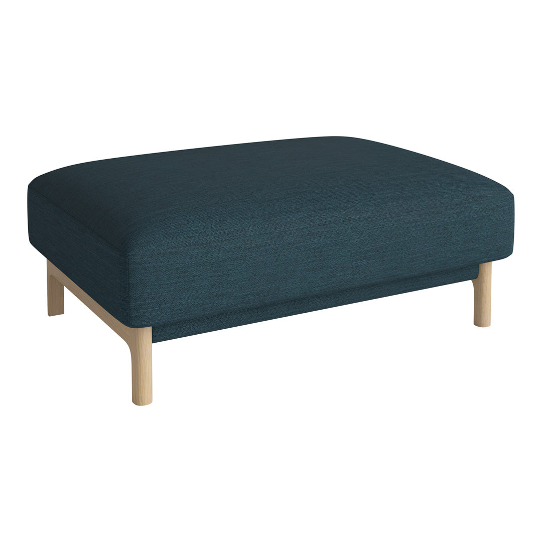 Teal upholstered ottoman with a smooth finish and light wood legs. Ideal for modern living spaces.