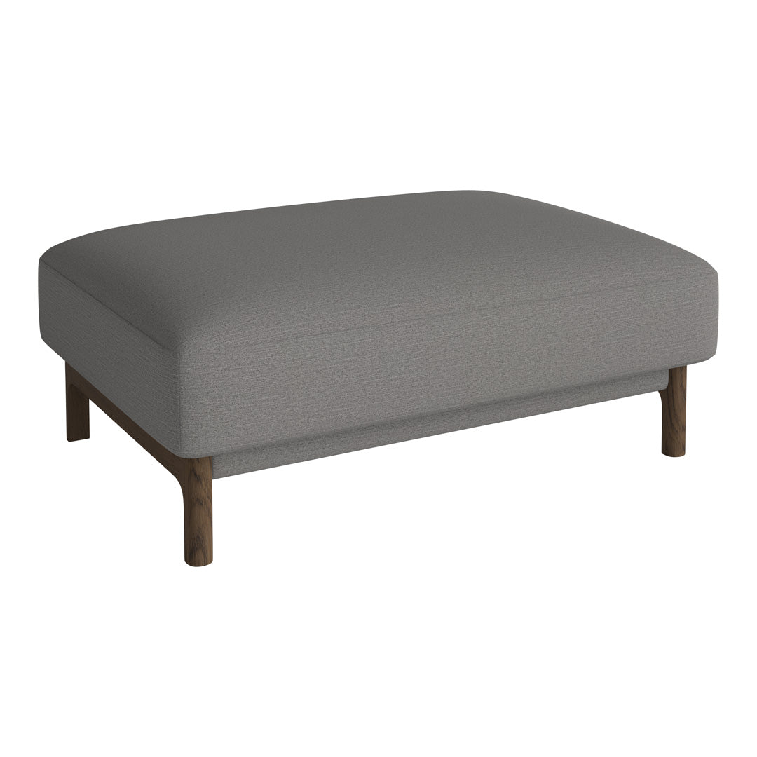 Gray upholstered ottoman with a smooth texture and wooden legs, featuring a minimalist design.