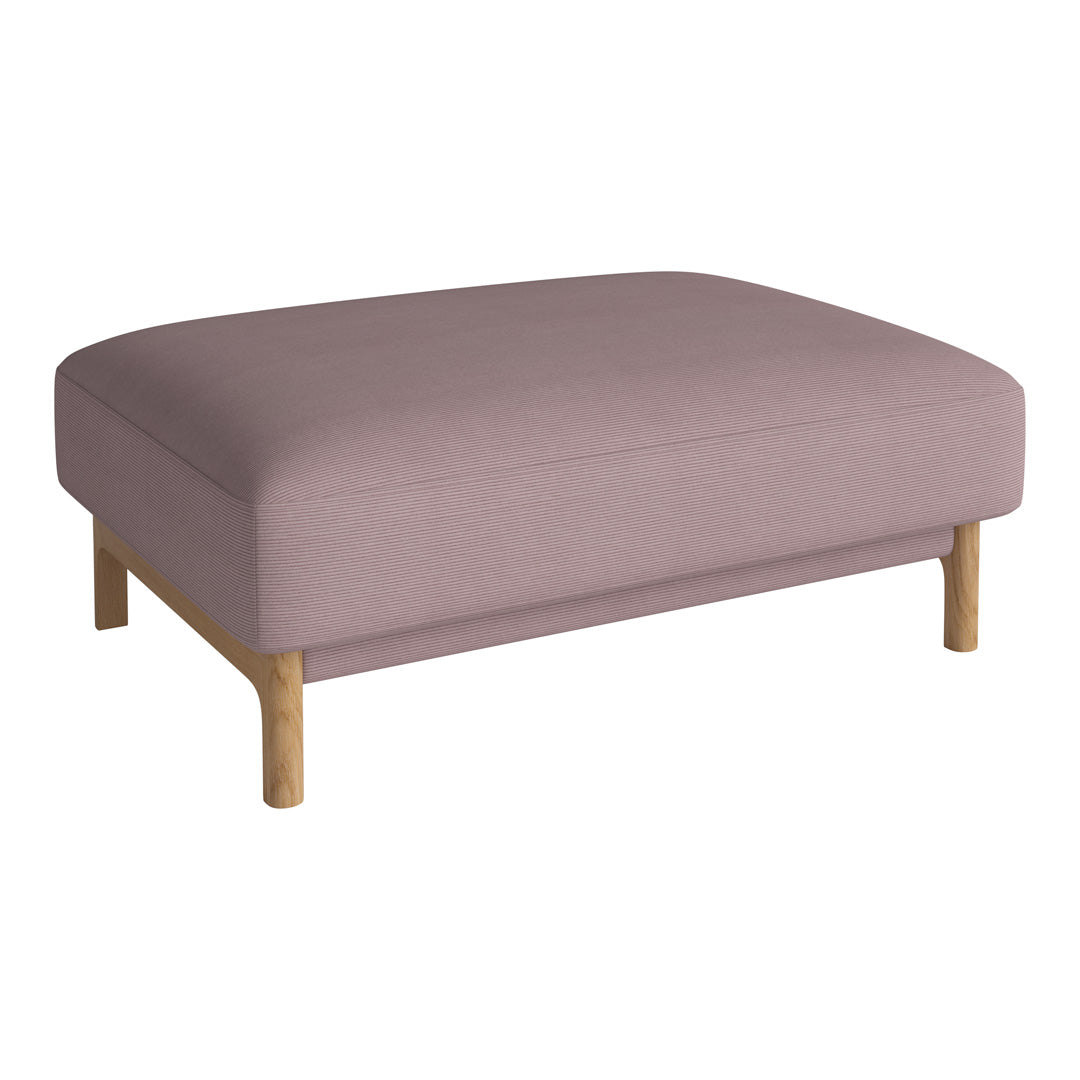 Soft lavender ottoman with smooth fabric and natural wood legs, perfect for modern decor.
