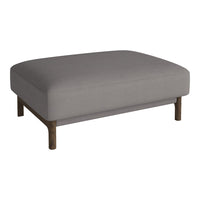 "Light gray upholstery ottoman with a sleek design and wooden legs, perfect for modern decor."