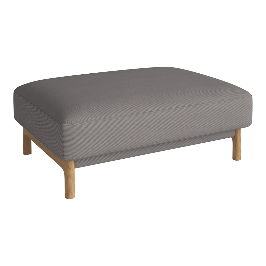 Gray upholstered ottoman with a smooth surface and natural wood legs, perfect for modern decor.