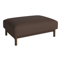 Brown upholstered ottoman with a smooth texture and wooden legs, perfect for modern living spaces.
