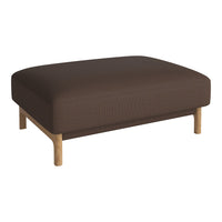 Brown upholstered ottoman with a smooth texture and wooden legs, perfect for modern living spaces.