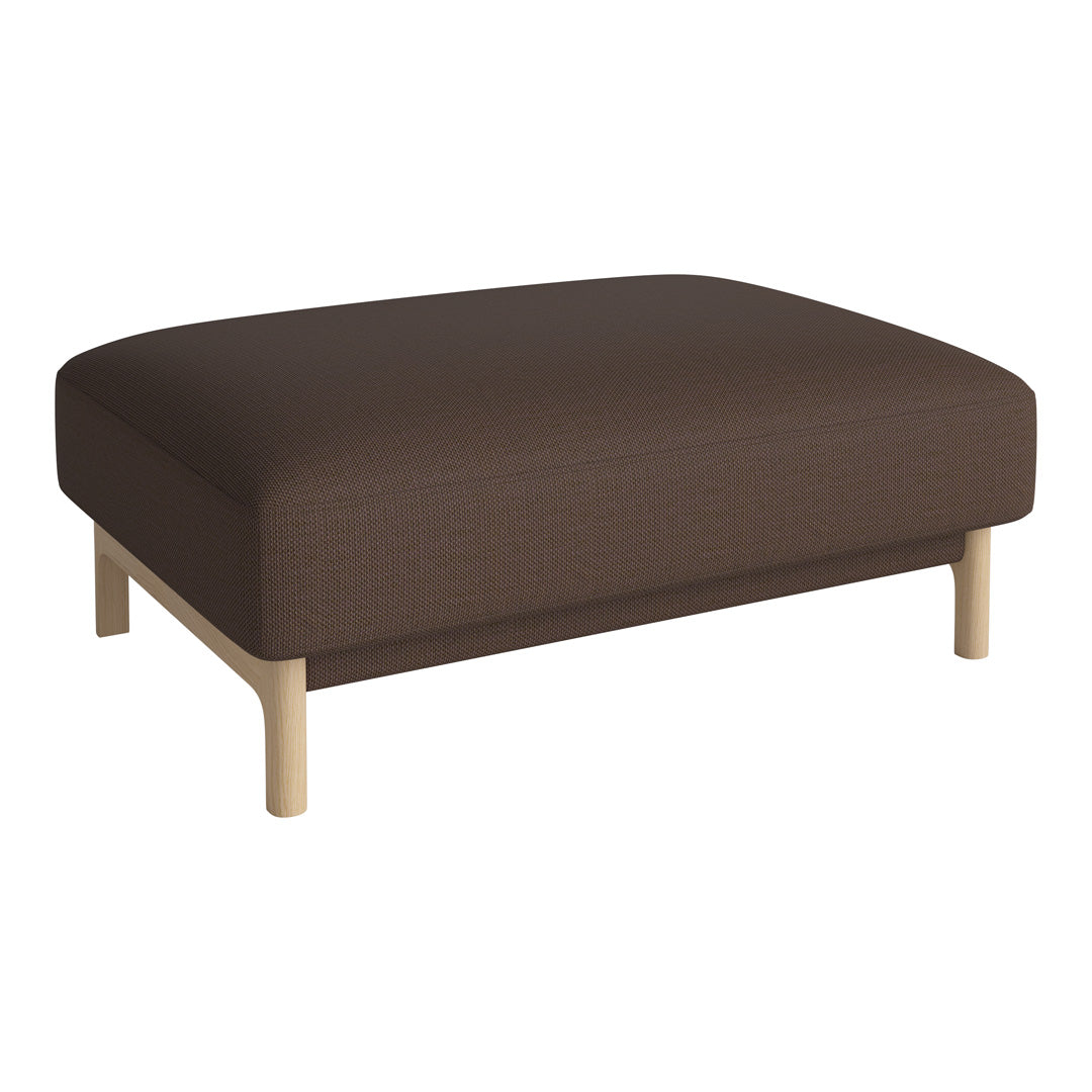 Brown upholstered ottoman with a smooth texture and light wooden legs, perfect for modern decor.