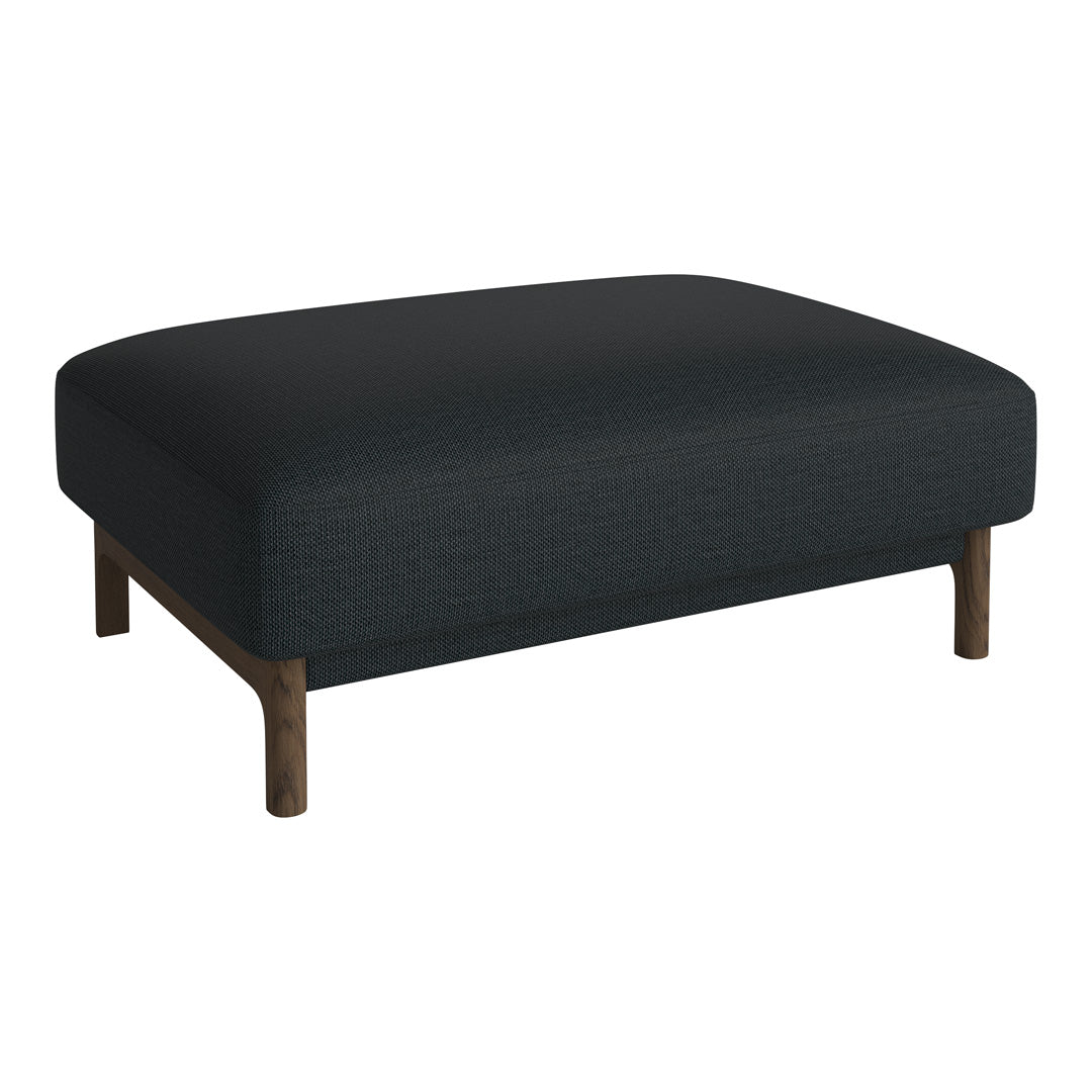Black upholstered ottoman with a textured pattern and wooden legs. Ideal for modern home decor.
