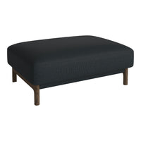 Black upholstered ottoman with a textured pattern and wooden legs. Ideal for modern home decor.