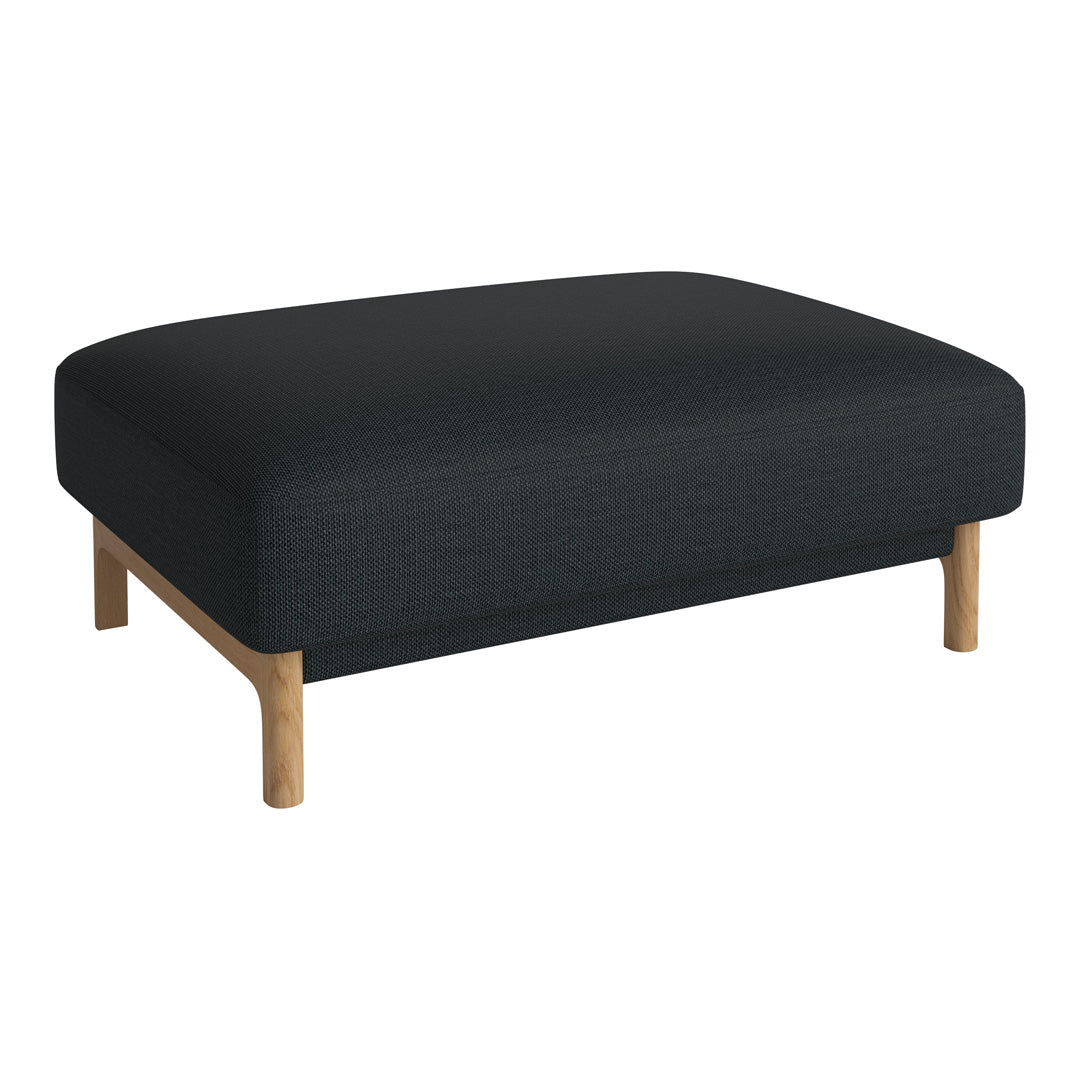 Black upholstered ottoman with a textured pattern and natural wood legs, offering a modern and versatile design.