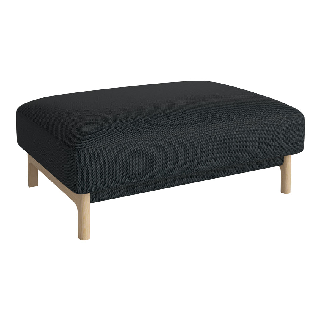 Black upholstered ottoman with a textured surface and light wood legs, offering a modern minimalist design.