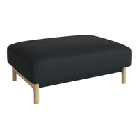Black upholstered ottoman with a textured surface and light wood legs, offering a modern minimalist design.