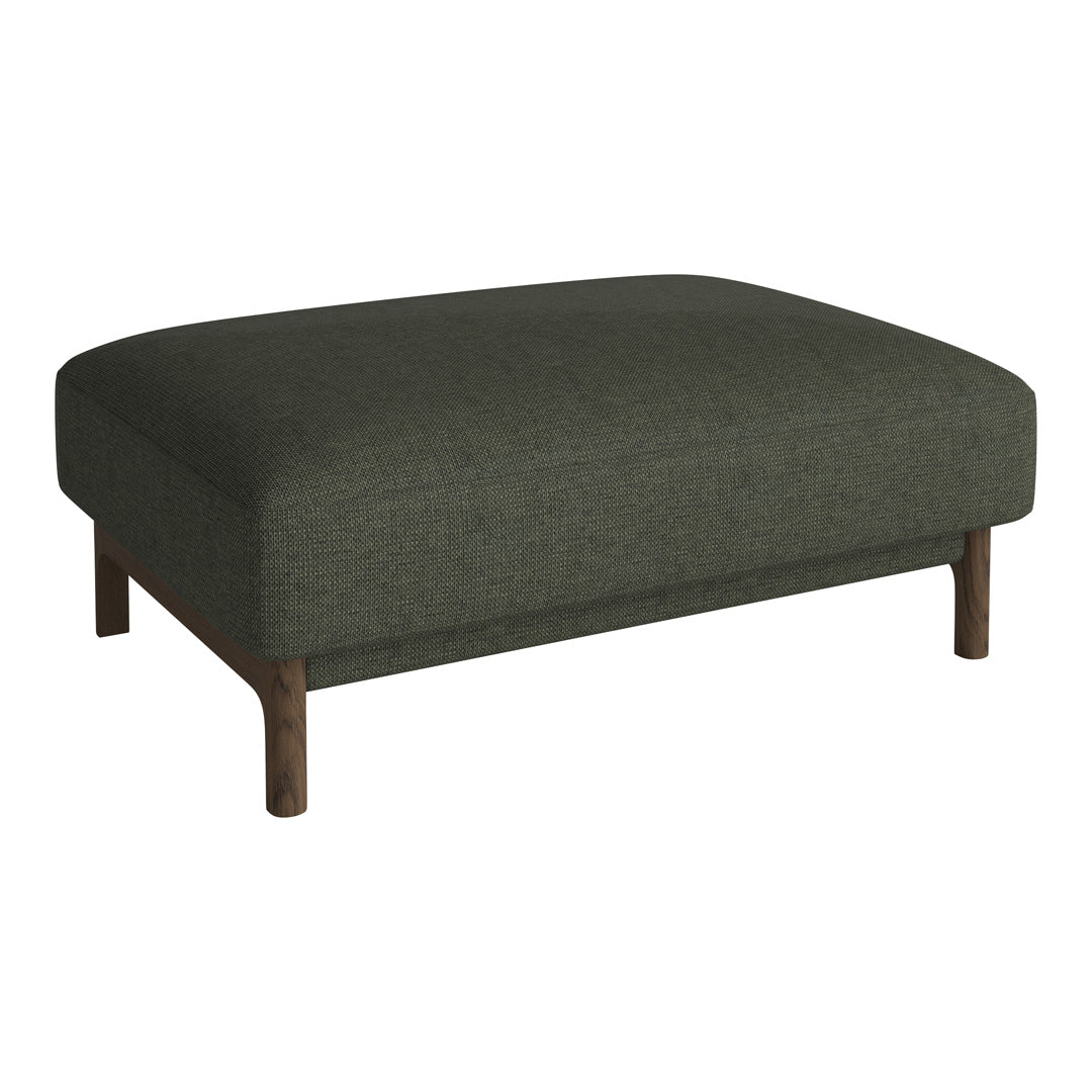 Olive green upholstered ottoman with a smooth texture and dark wooden legs. Perfect for modern living spaces.