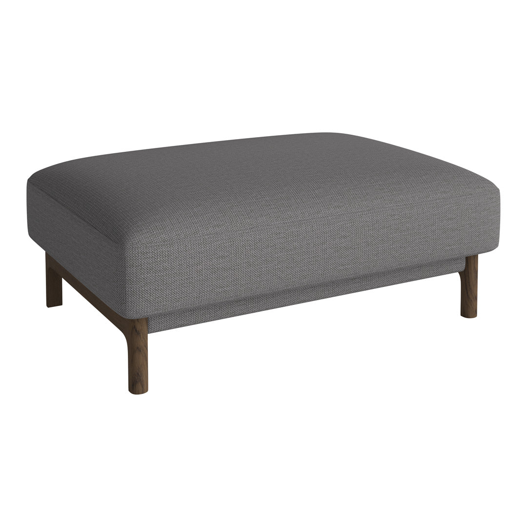 Gray upholstered ottoman with a textured fabric and wooden legs, perfect for modern living spaces.