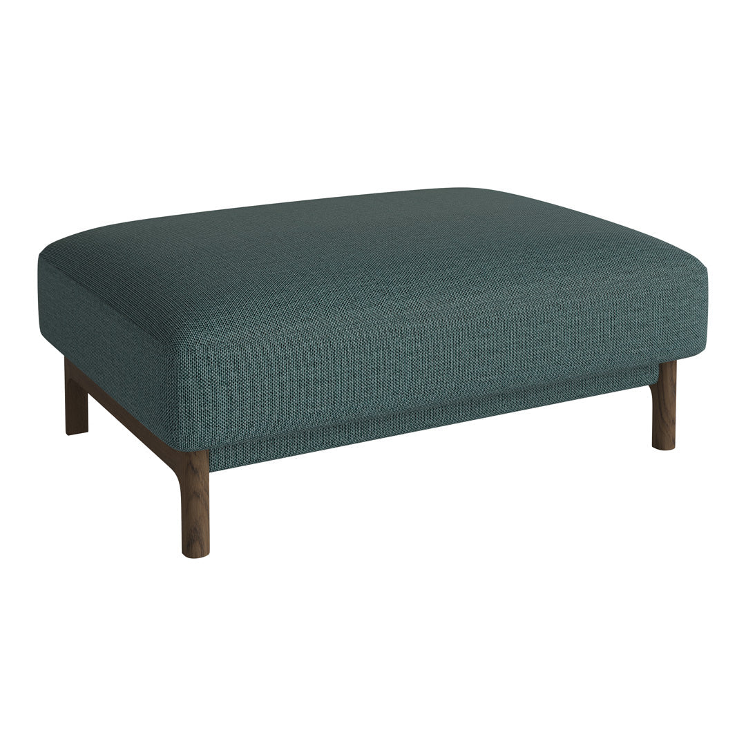 Teal upholstered ottoman with a textured pattern and dark wooden legs. Stylish addition for modern decor.