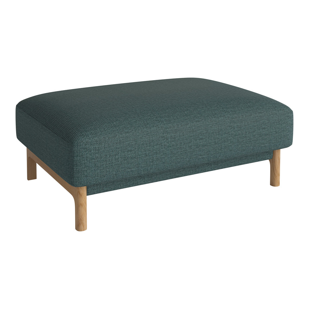Teal upholstered ottoman with a textured pattern and natural wood legs, adding a modern touch to any space.