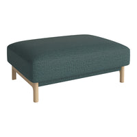 Teal upholstered ottoman with a textured pattern and light wood legs, perfect for modern decor.