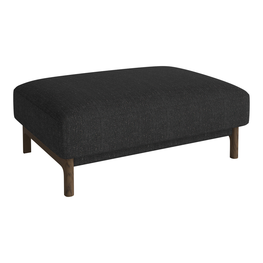Black upholstered ottoman with a smooth texture and minimalist design, featuring natural wooden legs.