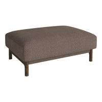 Brown fabric ottoman with a smooth, solid texture and wooden legs, perfect for modern living spaces.