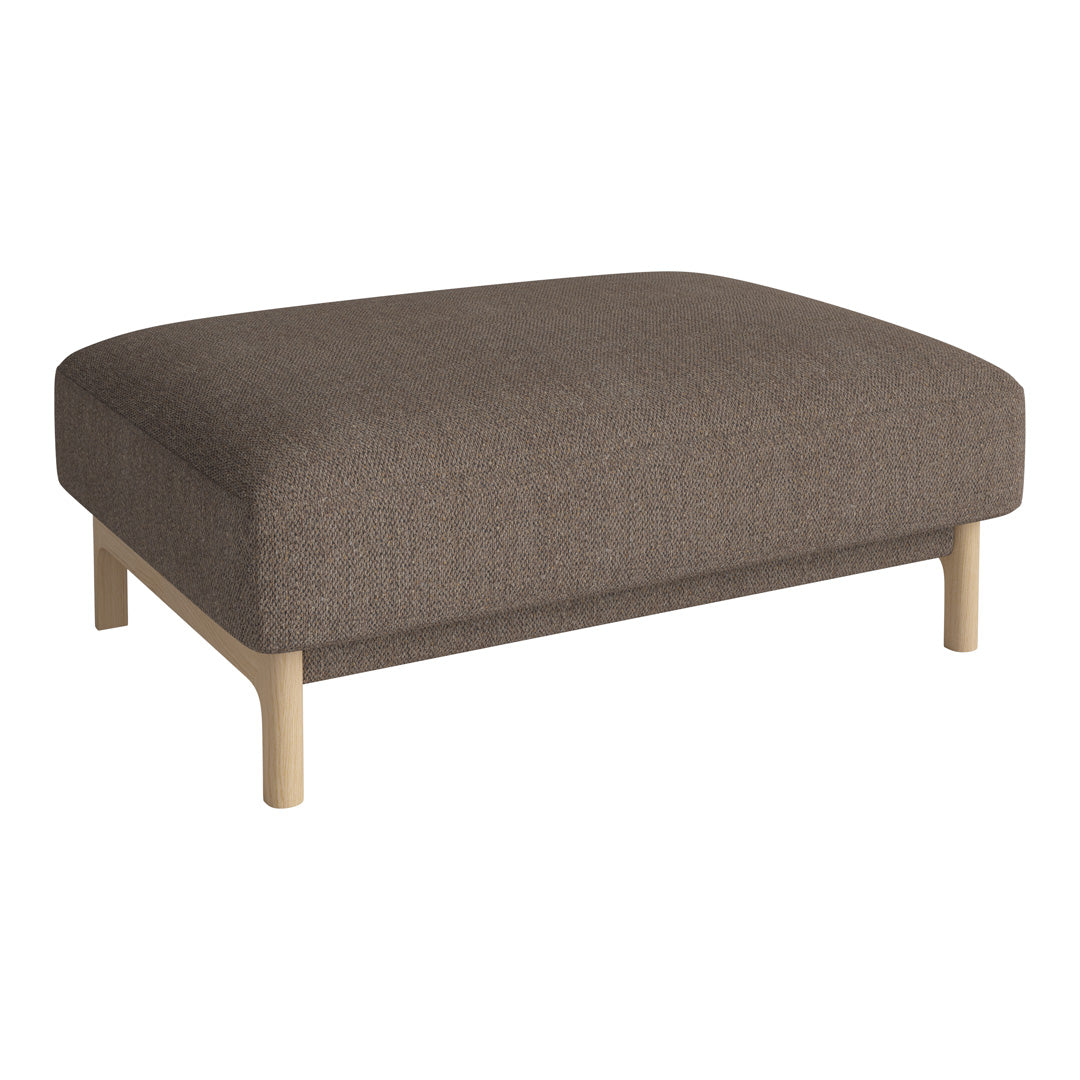 Brown upholstered ottoman with a smooth texture and light wooden legs for a natural finish. 