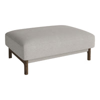 Light gray upholstered ottoman with a textured fabric and dark wooden legs. Modern, minimalist design.