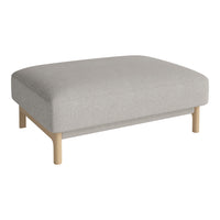 Light gray upholstered ottoman with a smooth texture and natural wood legs, perfect for modern decor.