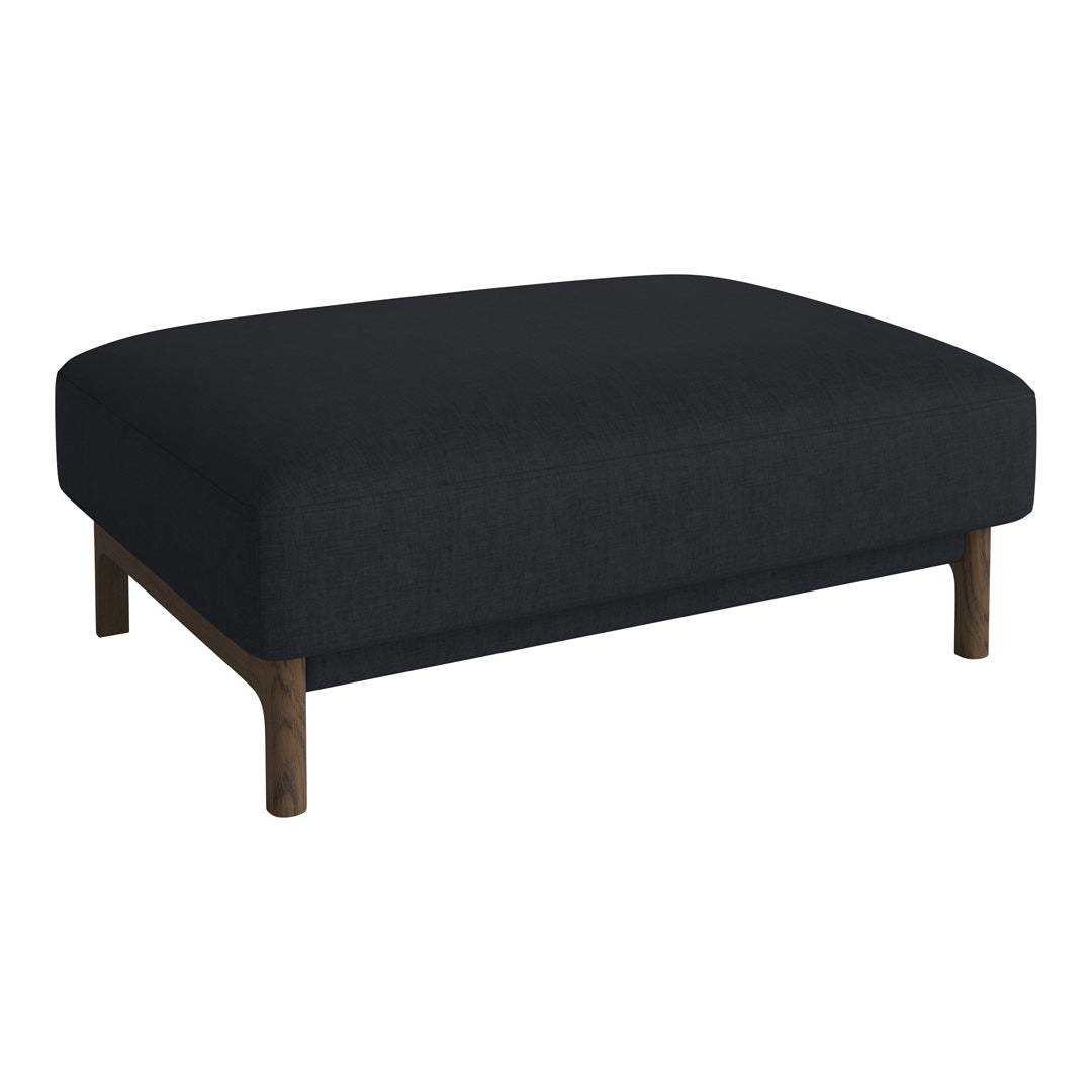 Stylish black ottoman with a minimalist design and natural wood legs, perfect for modern decor.