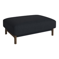 Stylish black ottoman with a minimalist design and natural wood legs, perfect for modern decor.