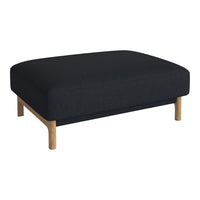 Black upholstered ottoman with a smooth texture and light wooden legs, minimalist design perfect for modern decor.