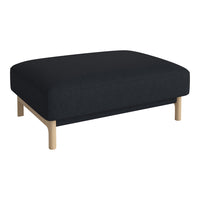 Black upholstered ottoman with a smooth texture and natural wood legs. Minimalist design complements any decor style.