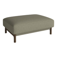 Olive green ottoman with a smooth fabric finish and dark wood legs, ideal for modern or minimalist decor.