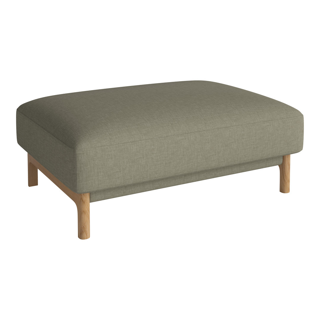 Olive green fabric ottoman with smooth texture and natural wood legs, perfect for modern decor.
