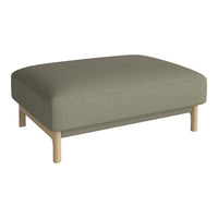 Olive green fabric ottoman with a smooth texture and wooden legs, perfect for modern interiors.