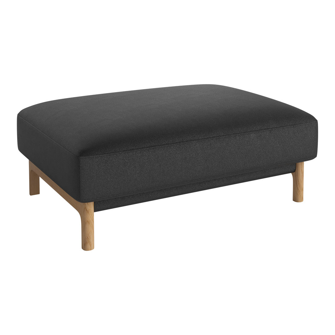 Black upholstered ottoman with a smooth texture and natural wood legs, offering a modern and minimalist design.