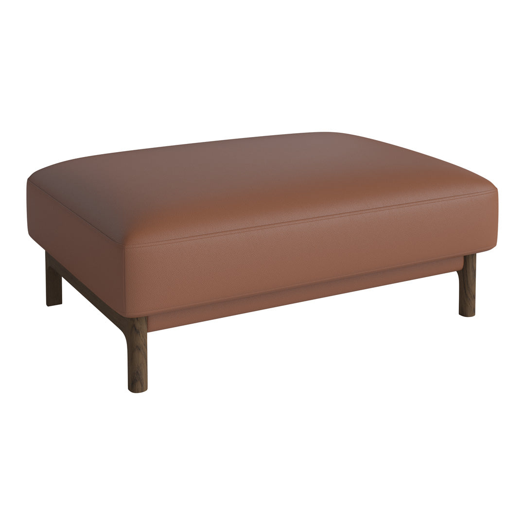 Brown leather ottoman with a smooth texture and simple, modern design on a dark wood frame.