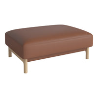 Brown leather ottoman with a smooth finish and natural wooden legs, perfect for modern decor.