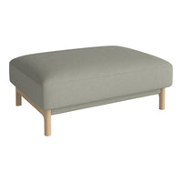 Light grey upholstered ottoman with a minimalist design and natural wooden legs. Perfect for modern interiors.