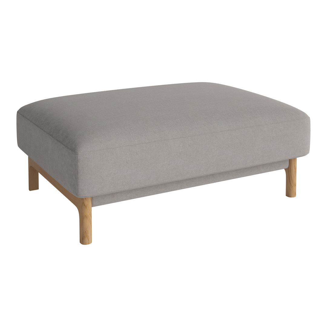 Light gray upholstered ottoman with a minimalist design and natural wood legs. Perfect for modern decor.