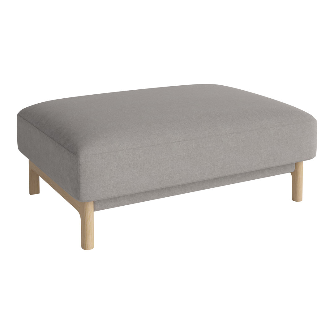 Stylish gray ottoman with a soft fabric finish and natural wooden legs, perfect for modern decor.