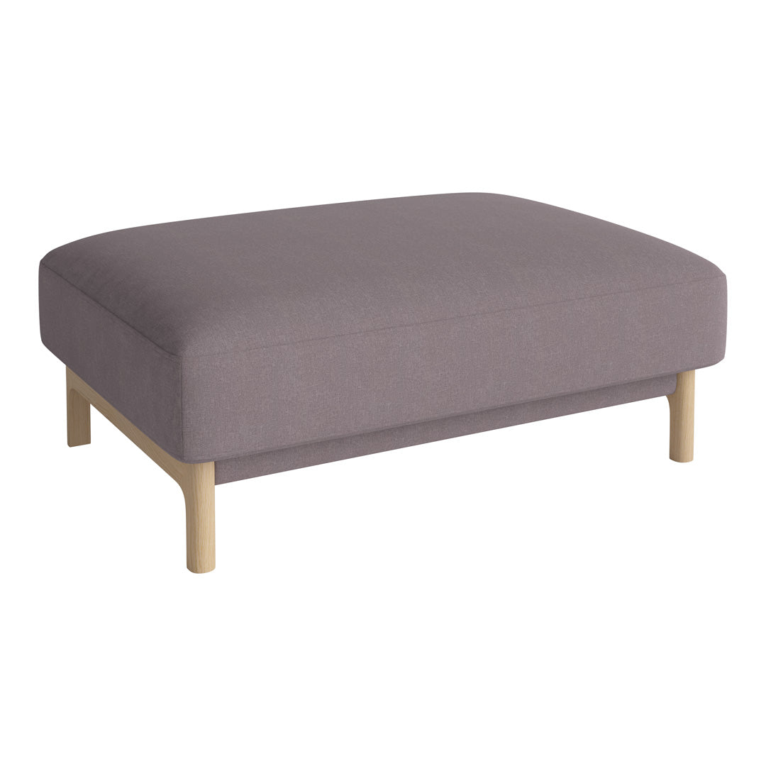 Grey upholstered ottoman with a smooth texture and minimalist wooden legs. Perfect for modern decor.