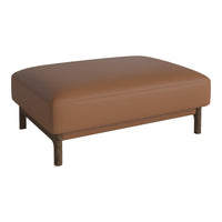 Brown leather ottoman with a smooth surface and minimalist black metal legs. Perfect for any modern living space.