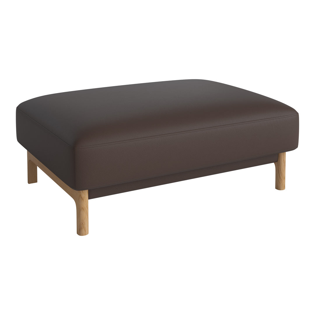 Brown leather pouf with a smooth surface and natural wood legs, adding a modern touch to any space.