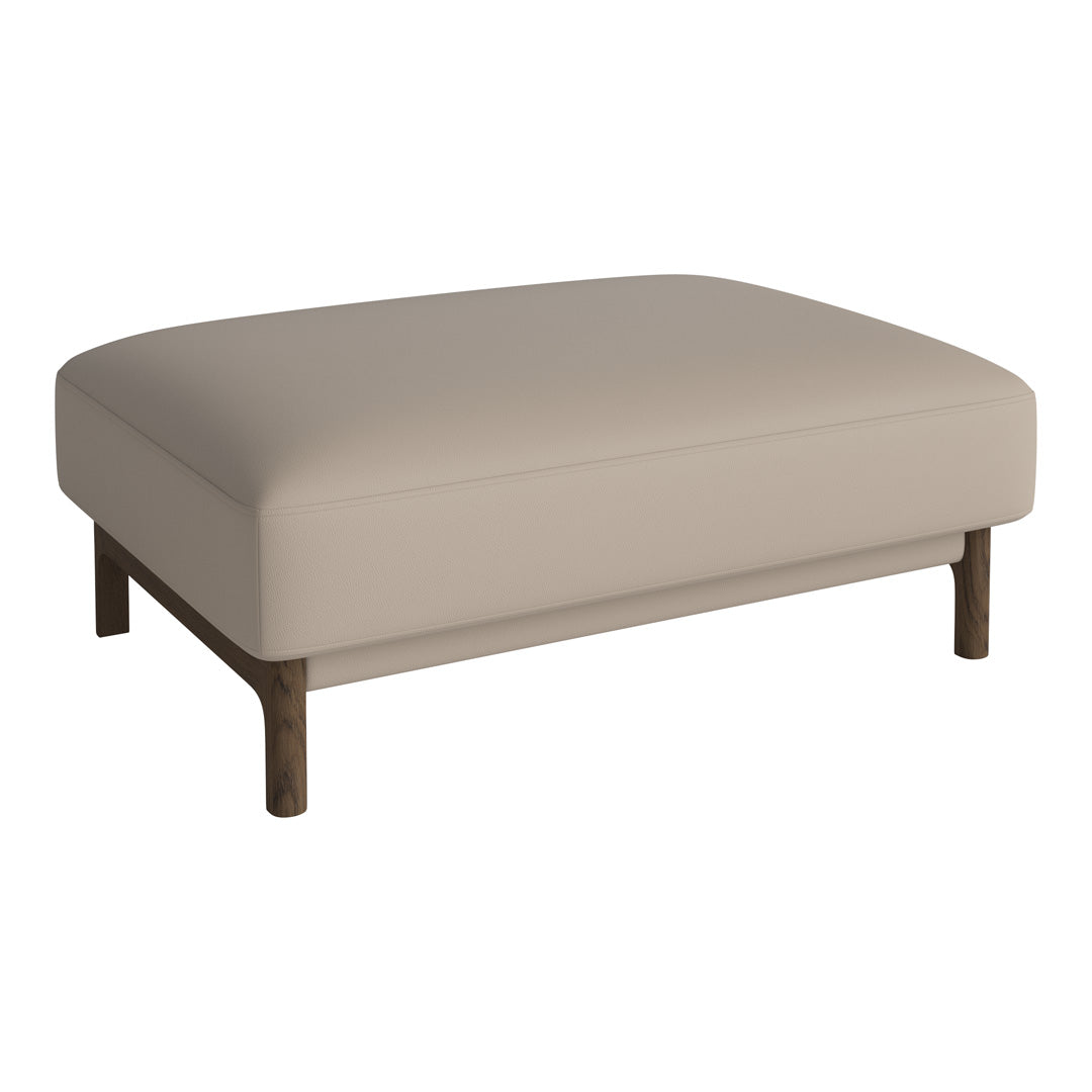 Beige upholstered ottoman with a smooth surface and dark wood legs, offering a minimalist and modern aesthetic.