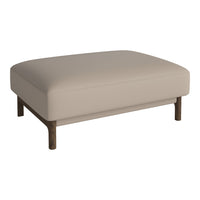 Beige upholstered ottoman with a smooth surface and dark wood legs, offering a minimalist and modern aesthetic.