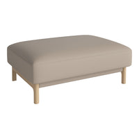Beige upholstered ottoman with a smooth finish and natural wood legs, featuring a modern, minimalist design.