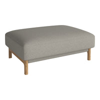 Light gray upholstered ottoman with simple, clean lines and natural wood legs. Perfect for modern decor.