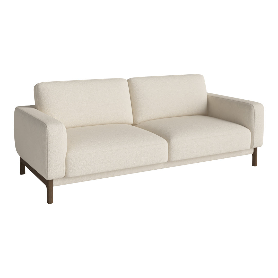 Cream-colored modern sofa with smooth fabric and minimalist design, featuring two plush cushions and a wooden frame.