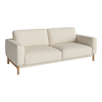 Cream-colored sofa with a minimalist design and light wooden legs, featuring a smooth, solid pattern.