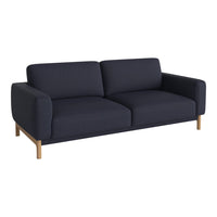 Navy blue upholstered sofa with simple, clean lines and natural wood legs. Modern design for any living space.