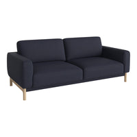 Navy blue, minimalist sofa with solid wood legs and smooth upholstery. Perfect for modern living spaces.