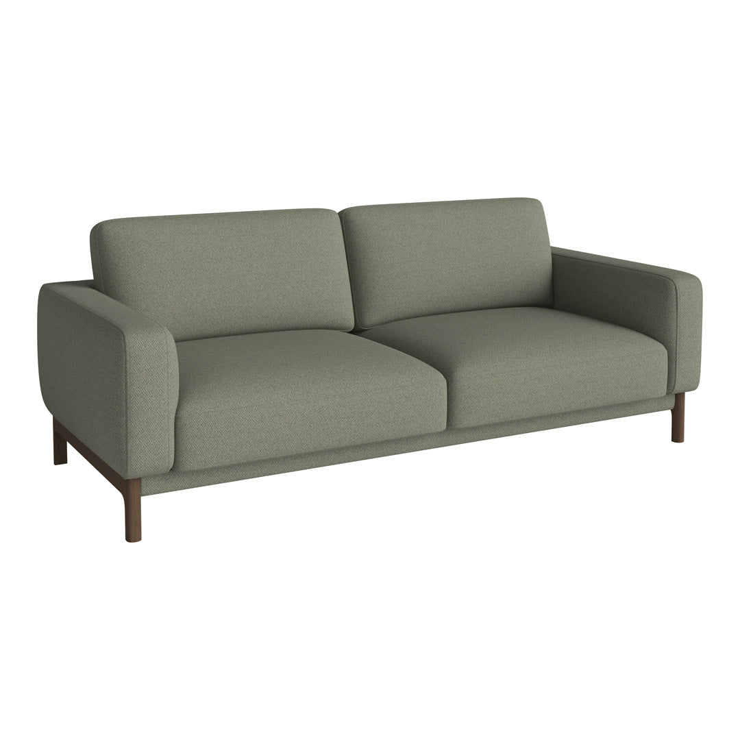 Modern two-seater sofa in soft gray upholstery with clean lines and a minimalist design, featuring a wooden base.