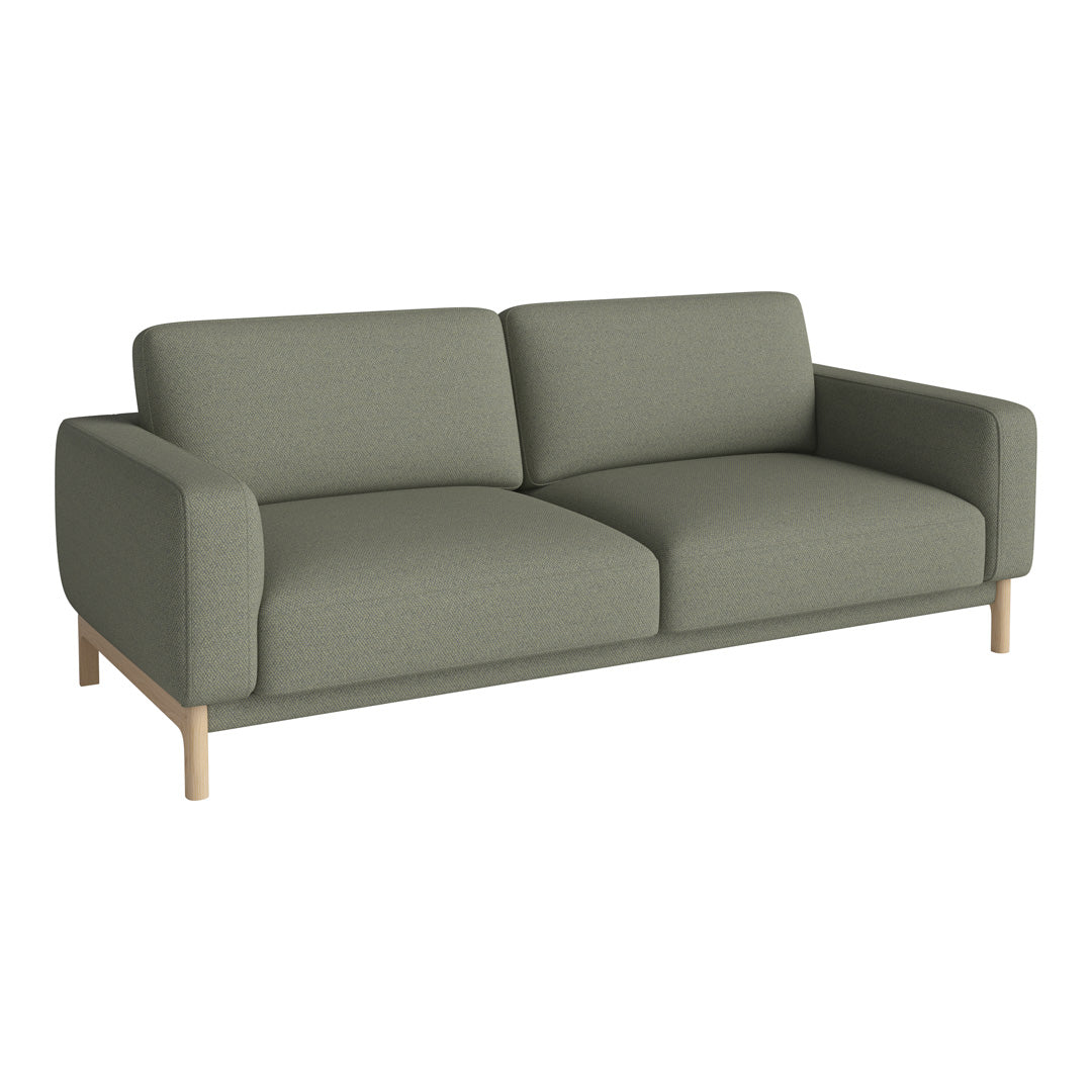 Modern gray sofa with a smooth fabric finish and light wooden legs, perfect for contemporary interiors.
